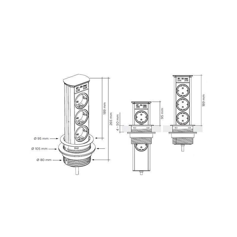 SFL A9503 Torretta multipresa a scomparsa 3 Schuko 2 Usb - Bianco Vendita calda